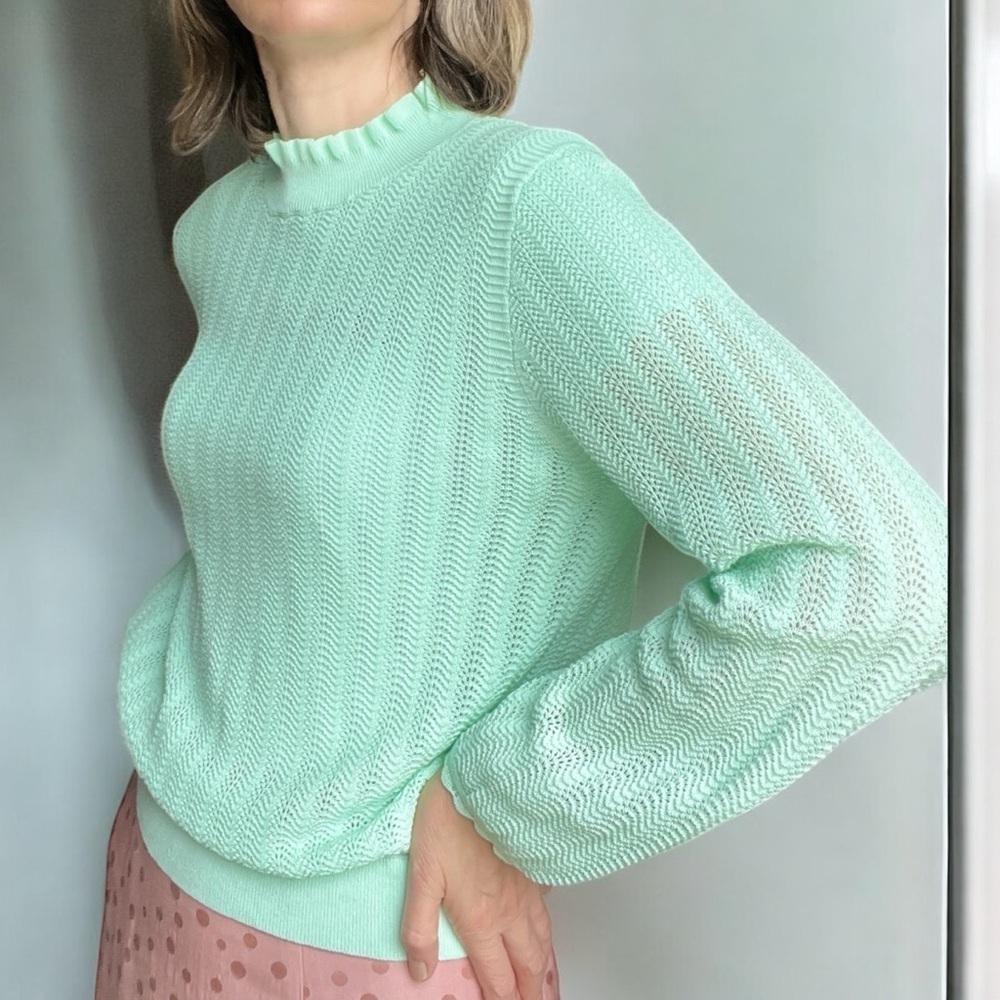 JCrew Crochet Sweater Mint Green Cotton Mock Neck Ruffle M Romantic Boho Soft